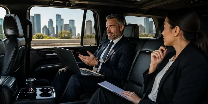 Business executive and assistant working on a laptop inside a luxury SUV, turning travel time into a productive mobile office.